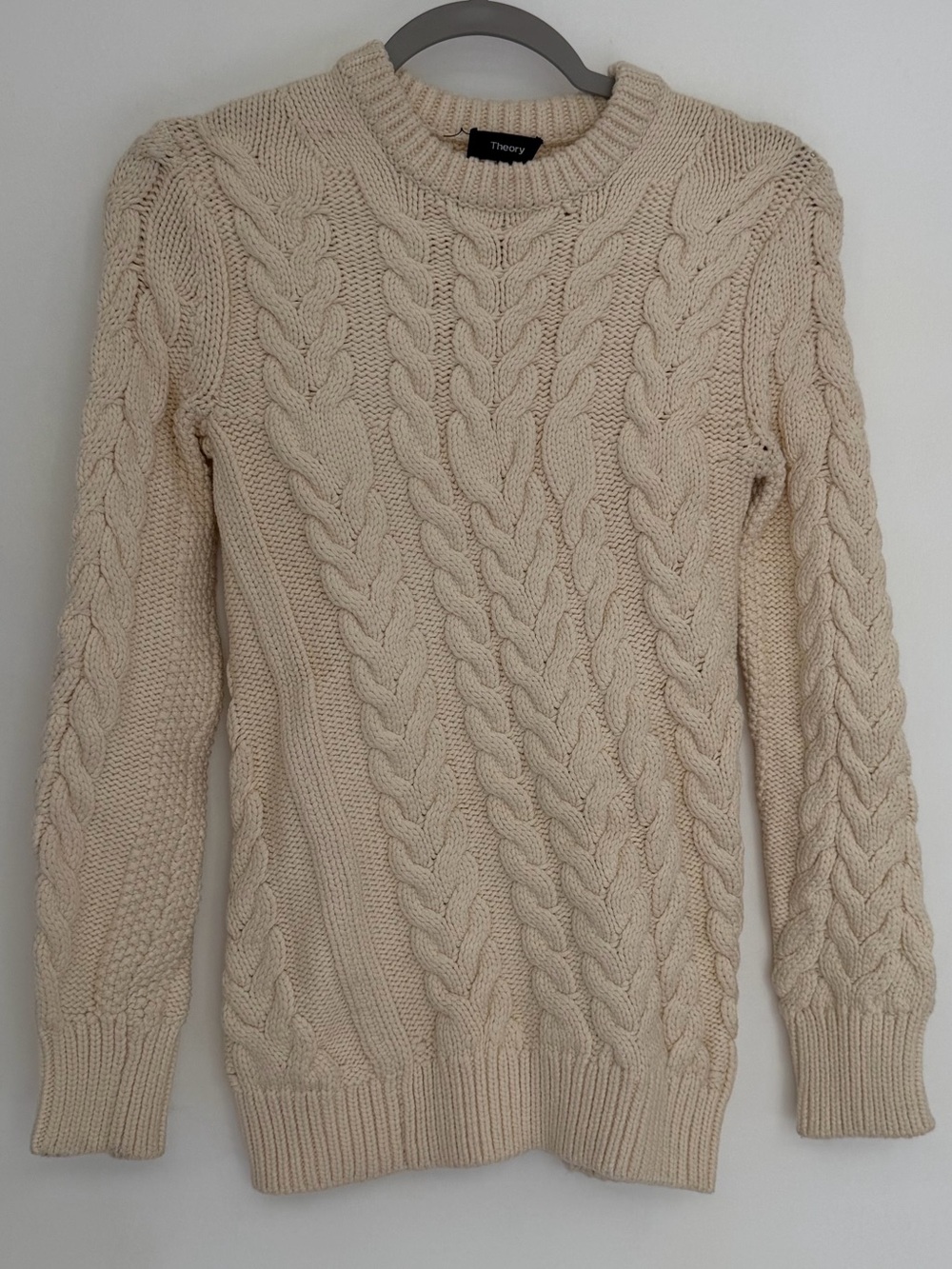 Theory "Twisted" Ivory Cream Chainette Wool Blend Cable Knit Pullover Sweater